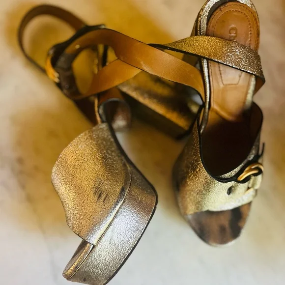 Chloè Gold Metallic 70s Leather Glam Platform Ankle Strap Sexy Disco Heels 37/7 - Picture 6 of 9